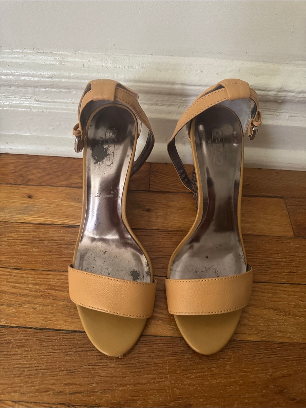 Coach Women’s Tan Open-Toe Ankle Strap wedges